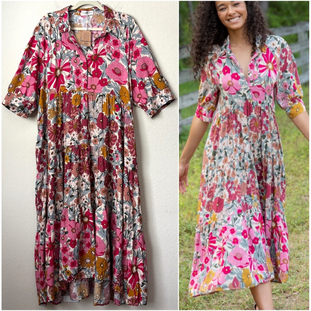 Natural Life XL Rebecca Boho Vintage Floral Tiered Midi Dress NEW